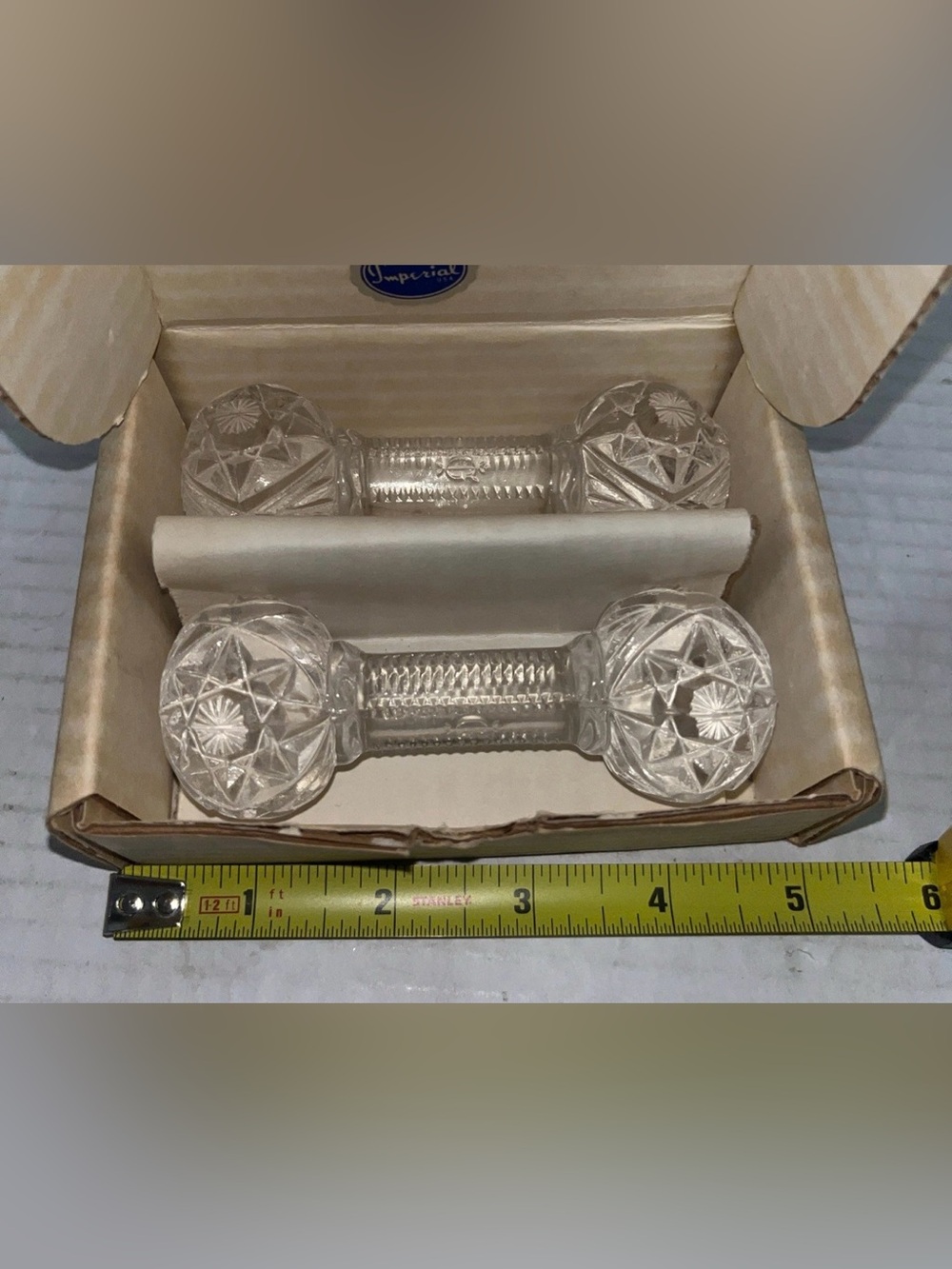 Imperial Glass Co Vintage Crystal Knife Rest Pair of Barbells Marked EUC W/ Box